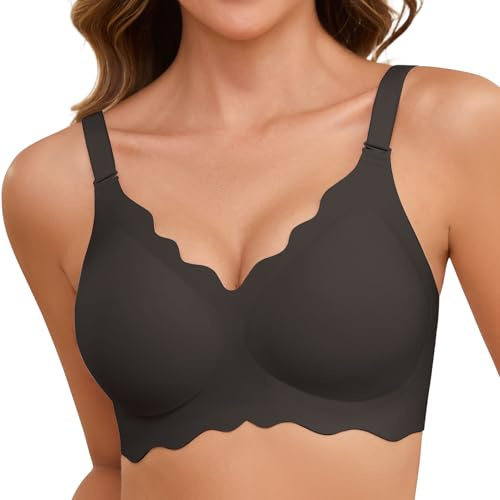 Lonya Sujetador sin Aros Mujer Push Up Sujetadores Reductores sin Costuras Cuello V Sexy Sostenes Básicos Comodos Bralette Negro Claro,S