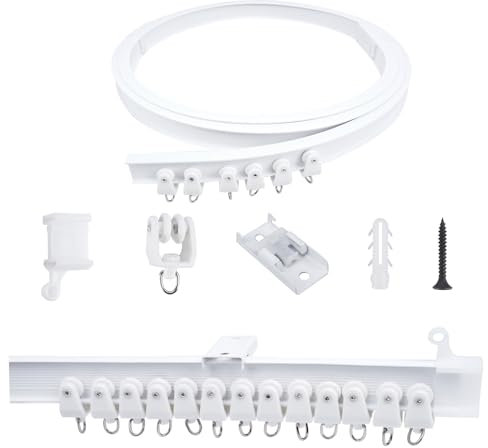 FOGAWA 2m Vorhangschiene, Deckenvorhangschiene, Flexible Gardinenschiene, Gebogen, Deckenschiene für Vorhänge, Duschvorhangstange, Raumteiler, Vorhangschienensystem Deckenmontage Weiß
