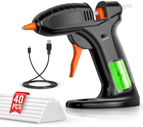 BURNNOVE Heißklebepistole Akku Heissklebepistole mit 3000mAh Akku USB-C Aufladung Schnell Aufheizend Inklusive 40 Stk 7mm*150mm Klebestifte Tropfsicher Ideal für DIY Basteln Reparatur Zuhause und Büro