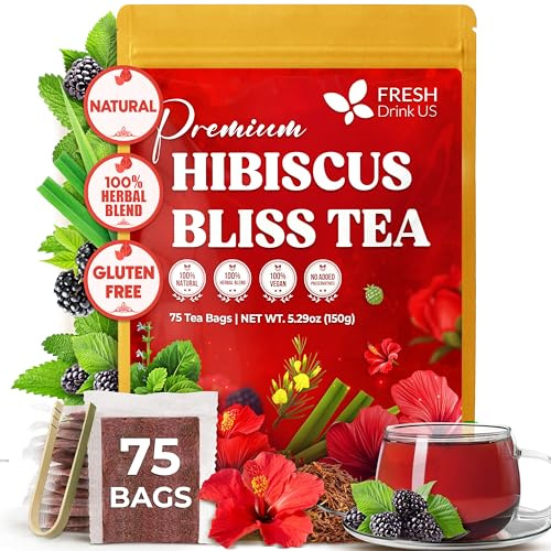 FreshDrinkUS, Hibiscus Bliss Tea | 75 Tea Bags | Herbal Tea Blend with Hibiscus Flower, Rooibos, Blackberry Leaves, Lemongrass & Lemon Balm – Naturally Caffeine-Free, Vibrant & Refreshing Tea. Vegan