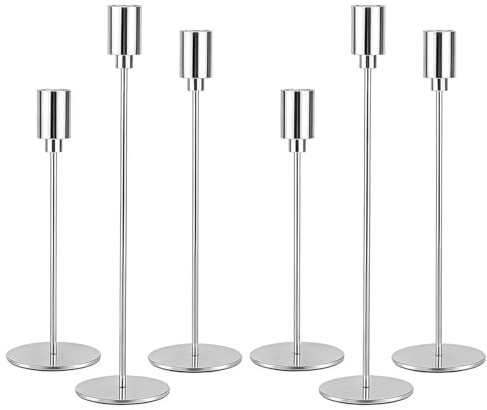 Filltown Silber Kerzenhaltern Set 6, Kandelaber Stabkerzen 32/27/22CM, Dekorativer Vintage-Kerzenhalter aus Metall für Kaminsimse, Hochzeiten, Abendessen, Geburtstage, Tischmitte, Wohnkultur