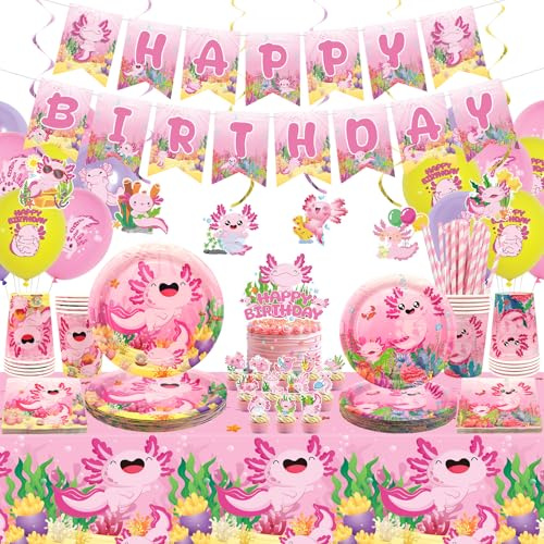 Obussgar Pink Axolotl Geburtstag Party Dekorationen - Axolotl Party Zubehör einschließlich Banner, Teller, Cake Topper, Tasse, Serviette, Ballon, Tischdecke - für 20 Personen (LQ)