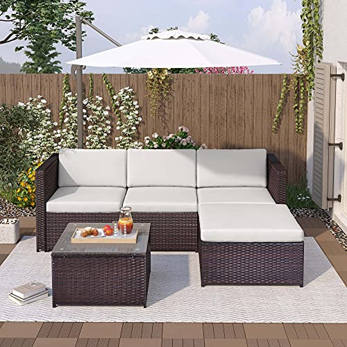 Rattan-Möbel-Set für den Außenbereich, mit Ecksofa, gepolsterter Sitzfläche und Rückenlehne, Glasplatte, Loungetisch (braun)