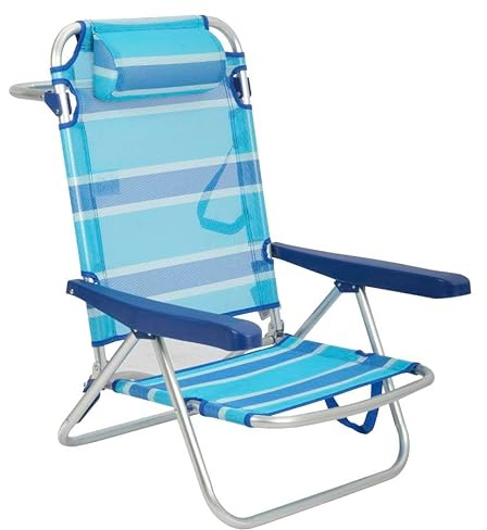 Creaciones Llopis ARW Silla Baja Plegable de Aluminio con Cojín Reposacabezas, Reclinable y Convertible en Tumbona 114 cm, Color Rayas Azul, 80x66x48,5 cm, Soporta hasta 100 kg