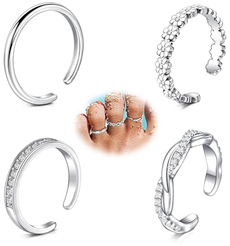 AVYRING 4 Pcs Silver Toe Rings for Women, Adjustable Open Toe Ring Set, 2mm Thin Band, Cross Twisted, Daisy Flower, Single Row Diamond, Stainless Steel, Beach Wedding Summer Everyday Foot Jewelry