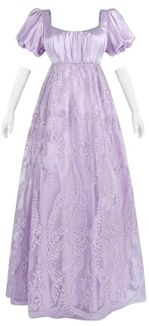 FCCAM Regency Robe à manches bouffantes pour femme - Taille empire - Robe vintage victorienne avec broderie en maille - Robe de fête avec gants