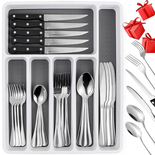 49 Piece Silverware Set with Organizer - Utensil Sets Stainless Steel Cutlery Set for 8, Mirror Finished Flatware Spoons and Forks with Steak Knives, Dishwasher Safe, Rust-proof