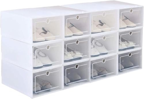 LN COZY CORNER 12 Pack Clear Shoe Storage Boxes, Stackable Plastic Shoe Organizers with Doors & Ventilation Holes – Dustproof Shoe Boxes for Men/Women, Fits Up to UK Size 9(31.5x 21.5x 12.5 cm) (12)