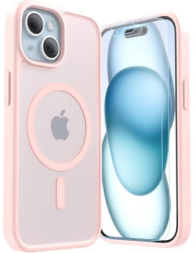 LUNOVATE 3 en 1 Coque pour iPhone 15 avec 2 Film de Protection Coque de Protection Antichoc Magnétique Mat Translucide pour iPhone 15 - Rose Mat