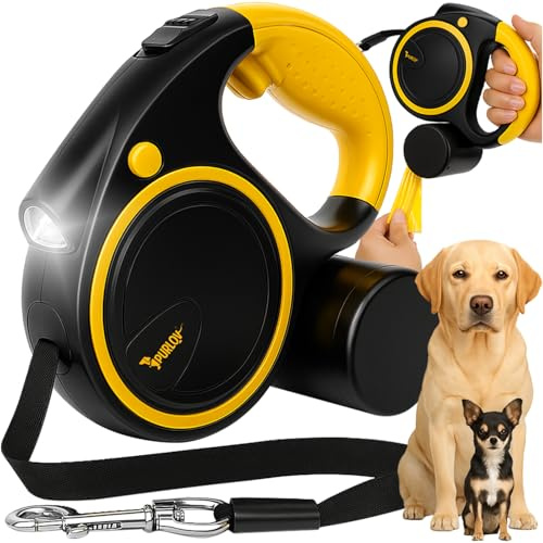 Hunde-Flexileine mit LED-Licht & Kotbeutelspender – 5m Automatikleine für mittelgroße Hunde 10–25kg – ergonomischer Griff, Stopp-Funktion & rutschfeste Gurtbandrolle – PURLOV