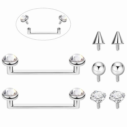 Masedy 2PCS 14G G23 Pure Titanium Staple Surface Piercing Jewelry Flat Bar Internally Threaded Double Staple Barbells for Surface with 6 PCS Replacement Balls CZ Snake Eye Tongue Piercing Silver 12MM
