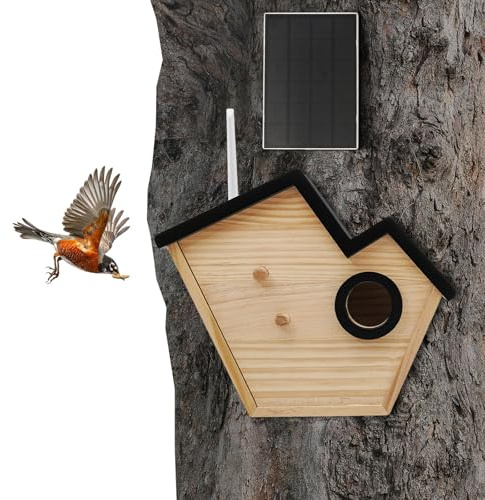 BAOCHADA Smartes Vogelhaus mit Kamera & Solarmodul - HD 1080p, Echtzeit-Streaming, KI-Erkennung für 10.000+ Arten, Nachtsicht - IP65 Kiefernholz für Garten/Balkon