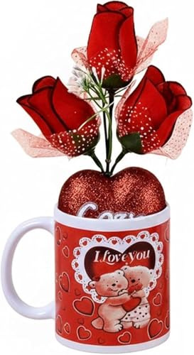 3 Pcs Scented Artificial Red Roses in Ceramic Mug - Realistic Silk Foam Flowers Gift Set for Valentine’s Day, Anniversary, Mother’s Day & Home Decor (Two Teddy Bear)