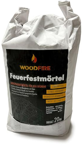 WoodFire Feuerfestmörtel FFM Haftmörtel, 20 kg, weiß, hitzebeständig bis 1.400°C, schnell abbindend, hydraulisch-keramisch, Ofenbaumörtel