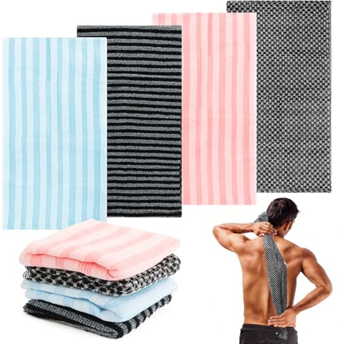 Exfolierande Duschhandduk, 4 st Japanskt Peeling Handduk, Extra Lång Exfolierande Duschhandduk, Tvåsidigt Tvätthandduk Ryggskrubber för Rengöring, Spa, Bad och Dusch, Män och Kvinnor