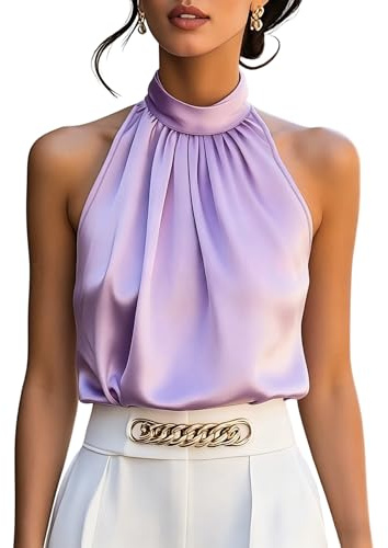 RWGSNB Haut Femme Chic et Elegant, Débardeur Dos Nu Satin Violet Femme Blouse sans Manches Élégante Plissée Style Années Y2K Camisole Cache-Cœur Décontractée L'Été Idéale Un Mariage Ou Un