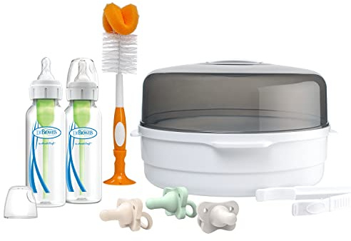Dr. Brown's Anti-Kolik-Options+ Mikrowellen-Sterilisator Geschenkset | Inklusive 237 ml Babyflaschen, Mikrowellen-Sterilisator, HappyPacis und Flaschenbürste