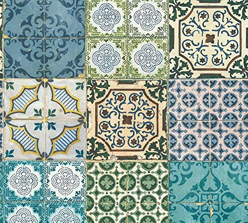 A.S. Création A.S. Authentic Walls 364851 36485-1 Papier peint non-tissé Motif carrelage portugais 10,05 m x 0,53 m Bleu/jaune/vert Fabriqué en Allemagne