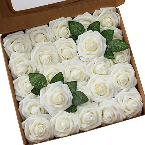 Künstliche Rosen Blumen Schaumrosen Foamrosen Kunstblumen Rosenköpfe Gefälschte Kunstrose Rose DIY Hochzeit Blumensträuße Braut Zuhause Dekoration (25 Stück, Elfenbein)