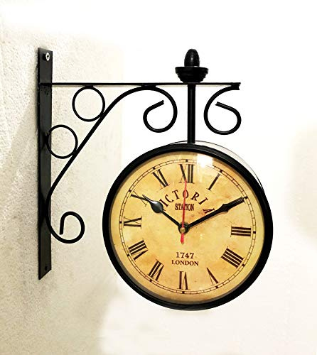 Victoria Bahnhofsuhr, doppelseitig, schwarz, pulverbeschichtet, funktionale Uhr, Heimdekoration