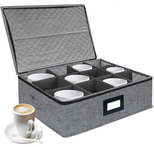 VERONLY Mug and Cup Storage Box with Dividers, Coffee Mug Storage Case China Storage Containers Hard Shell with Lid and Handles, Stackable for 12 Coffee Mugs, Tea Cups, Moving & Packing (Dark Grey)