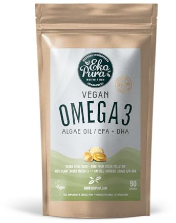 Ekopura Veganes Omega-3-Algenöl 90 Kapseln (280 mg) | 210 mg DHA + 70 mg EPA pro Kapsel | Unterstützen Sie die Gesundheit von Gehirn, Augen und Herz | Pflanzliche Alternative zu Fischölen