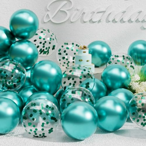 SUWEN 47 Pezzi Verde Metallico Palloncini Confetti Set | Palloncino Brillante Latex Elio Blu Verdastro per Anniversario Diploma Jubileo Festa Decorazioni