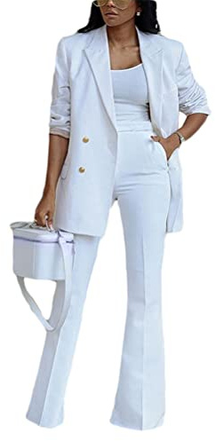 ORANDESIGNE Hosenanzüge für Damen Elegant Zweiteilig Business Outfit Set Langarm Blazer Anzugjacke und Anzughosen 2 Teiler Büro Slimfit Streetwear Formal Modern Festlicher C-Weiß L