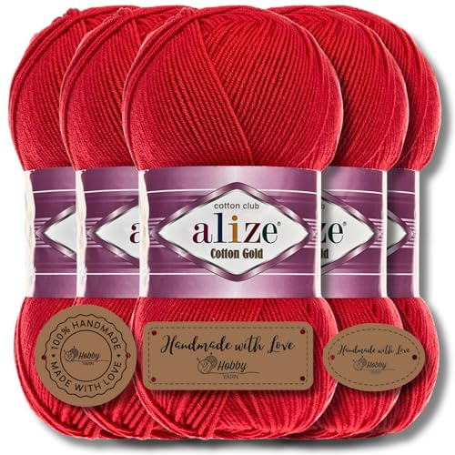 Hobby YARN 3x Etikettenlabel mit Alize Cotton Gold Wolle Premium 5x100g als Set, Yarn, Garn, Sommerwolle, Baumwolle, Strickgarn, Einfarbig, Baby, Kleidung, Schals (Red - 56)