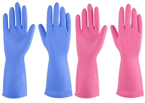 Lot de 2 paires de gants en caoutchouc réutilisables pour la cuisine (taille XL, bleu + rose)