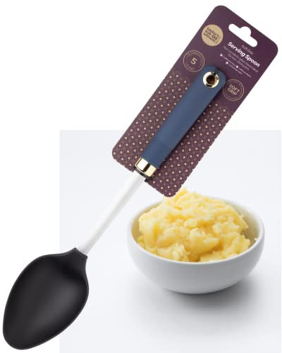 Servierlöffel, Nylonkopf, kratzfest, für antihaftbeschichtete Pfannen, hitzebeständiger Kopf, weicher Griff. Küchenwerkzeug mit goldfarbenem Haken zum Aufhängen. 5 Jahre Garantie, schlankes Design in
