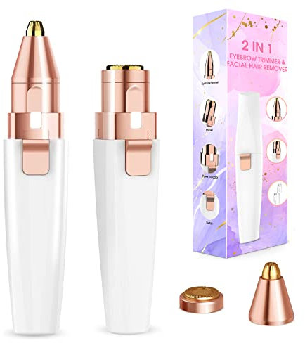 Augenbrauen Trimmer, 2 in 1 USB Augenbrauenrasierer Elektrisch und Gesichtshaarentferner für Frauen, Schmerzfreie Augenbrauen Epilierer Damen Für Körper Gesichtshaare Lippen Kinn, mit LED-Licht