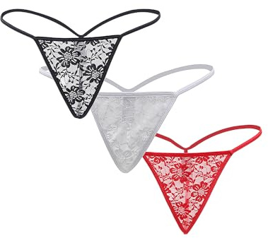 ohmydear Women's Floral Lace Micro Thongs Pack of 3 Sexy Low Waist G-String Knickers Stretchy T-Back Tangas Underwear Set Multipack Plus Size No Show Panties UK 14