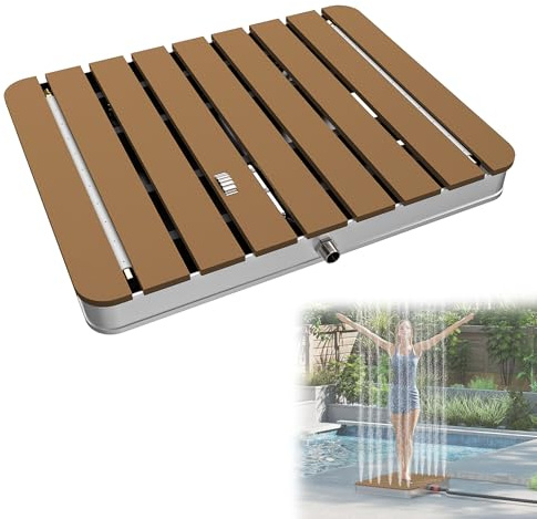 YRHome Gartendusche Bodendusche Außendusche Campingdusche Aluminium/WPC Saunadusche Rechteck 70x55cm Fontänenhöhe bis 4 m rutschfeste Standfläche Wetterfest Holzoptik für Garten Pool Dusche Braun