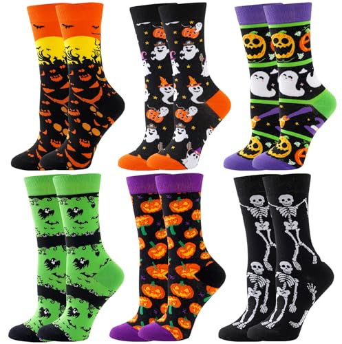 BISOUSOX 6 Paare Halloween Socken Damen Baumwolle Lustige Socken Kürbis Bunte Socken Damen Herren Strümpfe Geschenk für Frauen 36-40