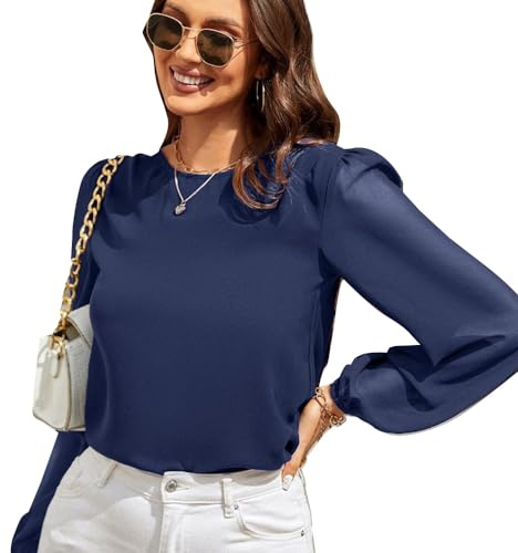 Blusa Elegante de Manga Larga Mujer Casual Camisetas Cuello Redondo Blusas Sueltas de Color sólido Moda Túnica Tops Camisa Fiesta T-Shirt para Primavera Otoño