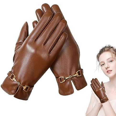Hongjingda Gants en Cuir Femme - Gants Chauds Femme en Cuir PU - Gants Femme au Design Ergonomique Gants Hiver Femmes, d'anniversaire pour Fête des Mères, marron foncé, 1
