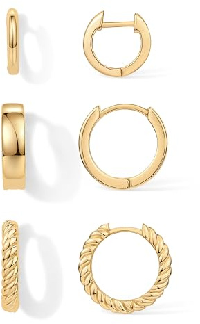 PAVOI 18K Yellow Gold Plated 925 Sterling Silver Posts 4 Pairs Small Hoop Earrings for Women - Four Gold Earring Set Plain Rope Wide Huggie Hoop Earscape Pack