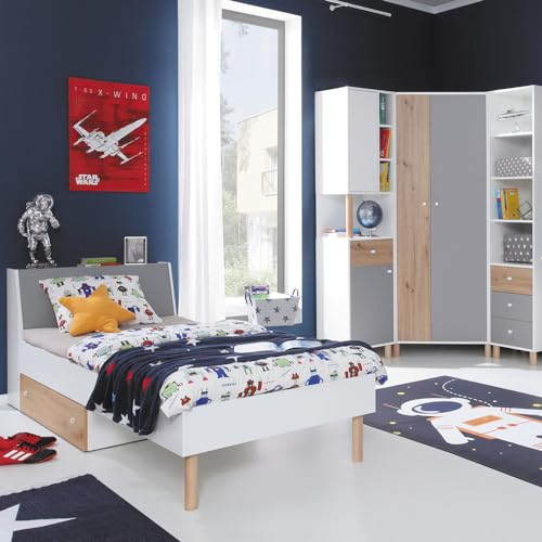 Lomadox Jugendzimmer Set 4-teilig mit 1 Jugendbett 90x200cm, 2 Regalschränke, 1 Eckkleiderschrank in weiß mit Eiche und grau