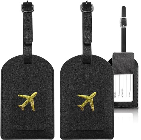 Aieino 2 Pack Luggage Tags with Name ID Card Black, Secure Suitcase Labels PU Leather Handbag Tag Travel Accessories for Baggage Suitcase Backpacks Prevent Loss Identification Tag