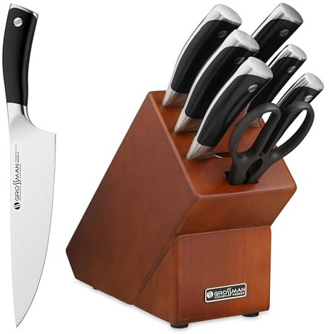 GROSSMAN® Diaman Bloque de cuchillos | Juego de 7 cuchillos con bloque | Cuchillas de acero inoxidable alemán | Set de cocina (Cobre oscuro | Negro profundo, 7 piezas)