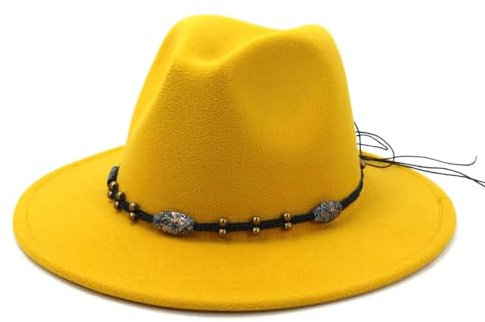 FULUJIDI Fedora Trilby Filzhut Hut Frauen Männer Elegante Filz Fedora Hüte Breite Krempe Ledergürtel Kirche Party Top Hut Panama Kappe 59 To60 cm Gelb