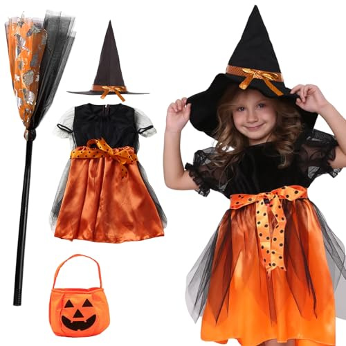 Halloween Kostüm Kinder, 120cm Hexenkostüm Mädchen mit Hexenhut, Sammeltasche und Kinder Besen, Hexenkostüm Kinder, Kostüm Hexe Kinder für Halloween Karneval Fasching Maskerade Hexennacht Cosplay
