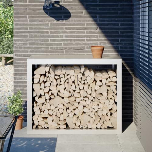 Homgoday Kaminholzregal Weiß 100 x 40 x 80 cm aus Stahl, Holzregal für den Innenbereich, Holzregal für Kamin, Innenholz, stapelbar, Holzregal aus Holz