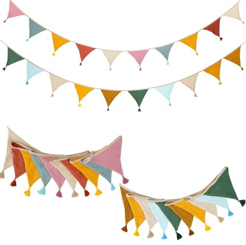 2 Piezas Cadena de Banderines, 2.6m Cadena de Banderines de Tela de Muselina de Algodón con Borlas, Guirnalda de Decoración Infantil para Colgar, Decoración de La Cama de La Casa Niñas y Niños