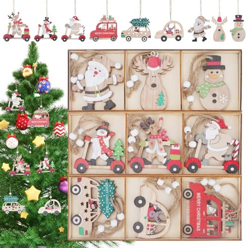 HO2NLE 27 Stück Weihnachtsanhänger aus Holz Weihnachtsdeko Weihnachtsmann Elch Schneemann Holzanhänger Weihnachten Anhänger Weihnachtsbaum Dekoration für Weihnachtsbaumanhänger