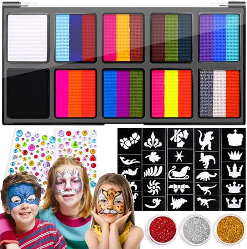 Axinyijia Kit Truccabimbi 10/15/20 Colori, Face Body Painting Trucchi per Bimbi Bambina, Set per Truccare con Glitter, Pennelli Professionali, Stencil, Spugna per Trucco di Carnevale (10 colori)