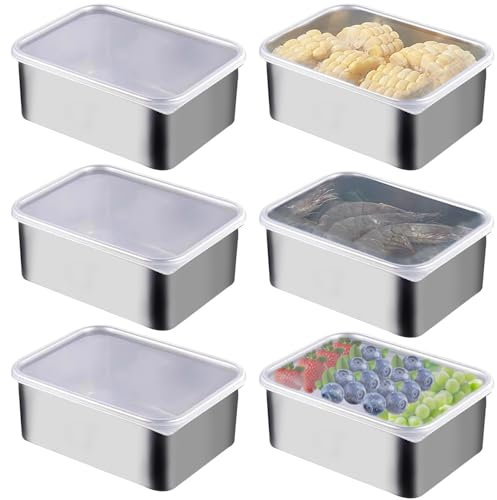 VEGOATY 6 recipientes de acero inoxidable con tapa, cajas de preparación de comida de acero inoxidable, 13,5 x 10,5 x 5,5 cm, apilables, para congelador, horno