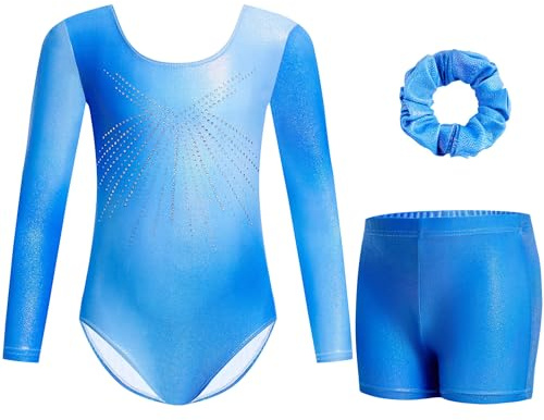 Gogokids Mädchen Dreiteilige Gymnastikanzüge, Langärmliges Gymnastik Set mit Shorts und Haarband, Glitzernde Balletteinheitstrikots - Gymnastik Outfit mit Farbverlaufdesign für 3-12 Jahre