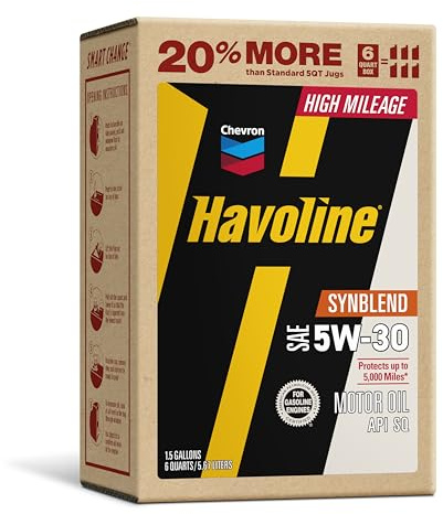 Havoline Motor Oil 5w30 High Mileage Synthetic Technology Smart Change Engine Oil, 5W-30, 6 Quarts, Pack of 1